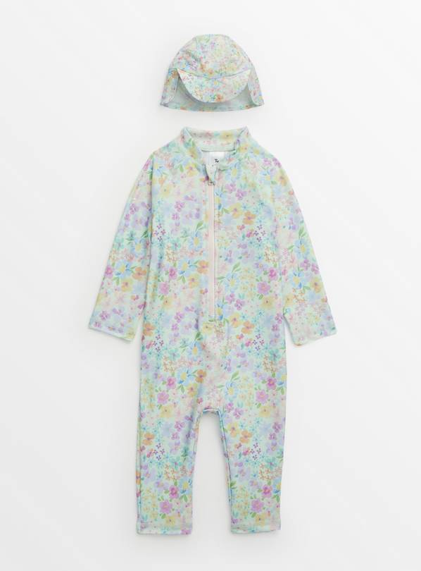 Floral Print Long Leg Swimsuit & Keppi Hat 2-3 years